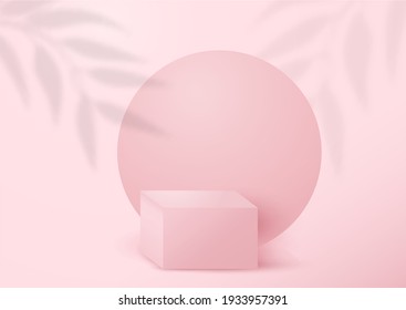3d Abstract background with tropical leaves shadows, pink podium, geometric forms and pink background. Vector realistic illustration for fashion,cosmetics, sale, accessorizes ad. Trendy minimal style.