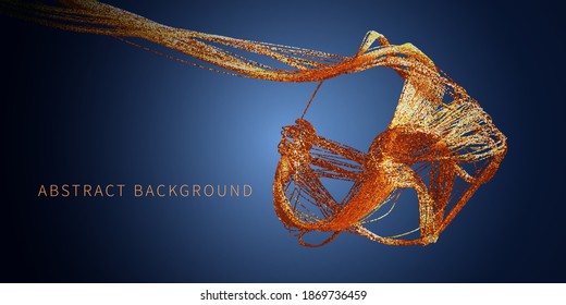 3d fondo abstracto girando alambre dorado sobre la oscuridad. Alambre o pelo cuprum girado. Tecnología de diseño punteado, conexión y dorado.
