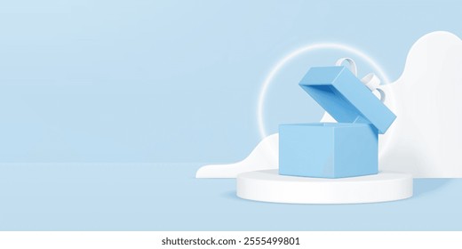 3D Abstract background with white cylinder pedestal and open blue gift box. Scene for product display presentation. Sales banner template with empty space. Neon light ring. 3D Vector illustration