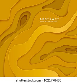 3D abstract background with yellow paper cut shapes. Layer color wavy paper. Design for business poster and presentation. Vector illustration