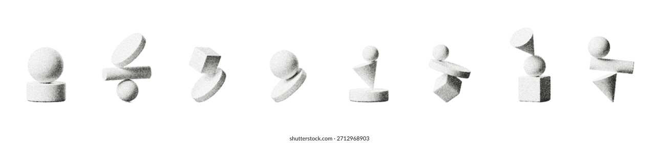 3D abstract balance shapes with geometric spheres, cubes and cylinders on a white background. Grainy noise, halftone texture and gradient effects create a fluid monochrome balance composition.