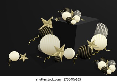 3D abstrakter schwarzer Hintergrund mit Weihnachtsdekorationen und Podium. 3D-Kugeln, schwarz in einem goldenen Streifen, leicht, serpentine und ein goldener Stern. Jahr 2021
