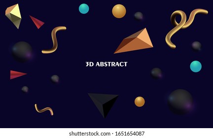 3D abstrakte geometrische Formen aus Schwarz, Gold und Teal. Memphis inspiriert.