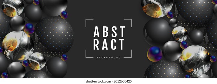 3D abstract black spheres and  spheres with ink art inside on dark black background.  Vector illustration