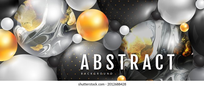 3D abstract black spheres and  spheres with ink art inside on dark black background.  Vector illustration