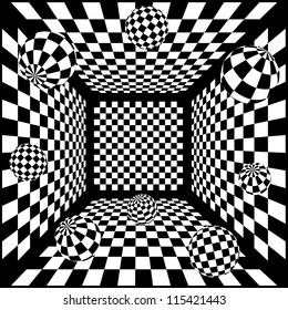 3D Abstract black and white chess background with balls