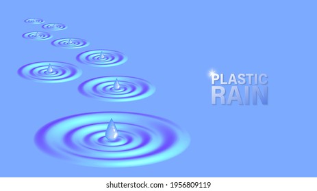 Afiche azul abstracto con superficie líquida ondulada y gotas de agua. Lluvia plástica