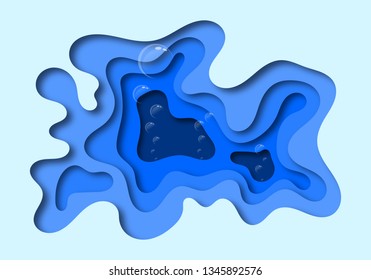 3d abstract blue water wave with bubbles background. Paper cut vector design shape concept.