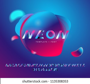 3d abstract bright neon design template with decorative font. ad layout with 3d red and blue fluid shape for landing, sign or some other design
