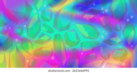 3D abstract bright rainbow background with crystals of different sizes. For games, interfaces and digital design. Glow effect. Vector illustration. Wallpaper.