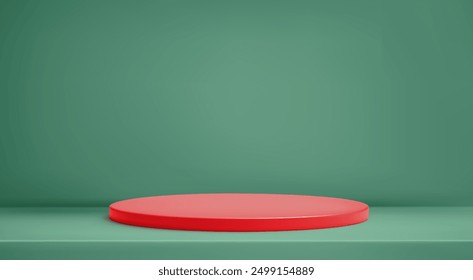 3d abstract Christmas studio room background. Green empty wall red podium backdrop. Product minimal mockup. Scene product presentation. Vector illustration for Xmas, New Year, winter holiday design