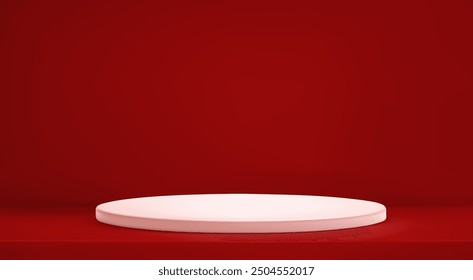 3d abstract Christmas studio room background. Dark red empty wall white podium backdrop. Product minimal mockup. Scene product presentation. Vector illustration for Xmas, New Year, winter holiday