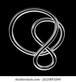 3D abstract chrome shape made of a twisted metallic line in Y2K style. Glossy futuristic wireform with fluid curves and reflective surface. Isolated digital element for modern visual design