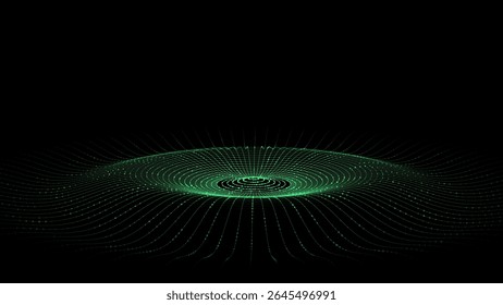 3D abstract circle music wave with green dots and lines. Futuristic technology background. Graphic effect network connection data. Glowing round sound with dark cyberspace.