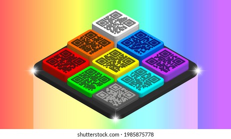 3D abstract colored iridescent cubes, QR-codes with encrypted names of rainbow colors, gray and white. Light background, radiant glares