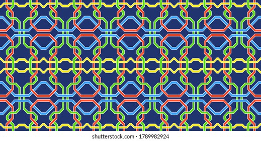 3D abstract colorful woven style vector fabric pattern on dar blue.