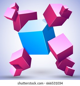 3d abstract composition with set of multicolored cubes purple and blue on white background vector illustration