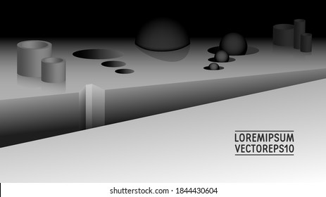 3d Abstraktes Cover. Dunkle verschiedene geometrische Formen und Löcher. Inschrift Lorem Ipsum Vektor. Schatten. EPS10