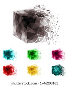 3 d cubos abstractos al estilo poly.  El movimiento de triángulos en el espacio. Un cubo que cae. Vector de novedad