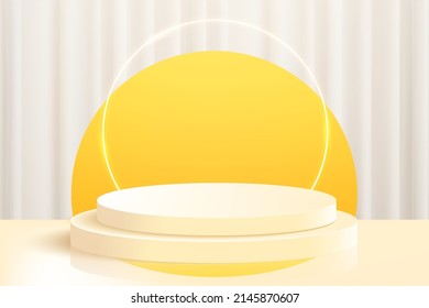 3d abstract curtain scene background white round podium yellow background product presentation mock up show render