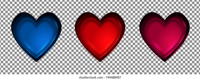 3d abstract cut out set of heart shapes with neon light from inside isolated on transparent background.