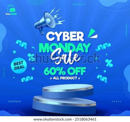 3d Abstract Cyber Monday banner design illustration. Special offer price sign. Advertising Discounts. Banner with megaphone and podium
