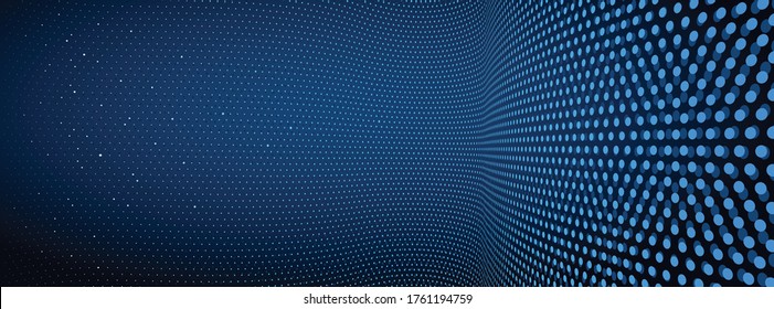 3D abstract dark blue background with dots pattern vector design, technology theme, dimensional dotted flow in perspective, big data, nanotechnology.