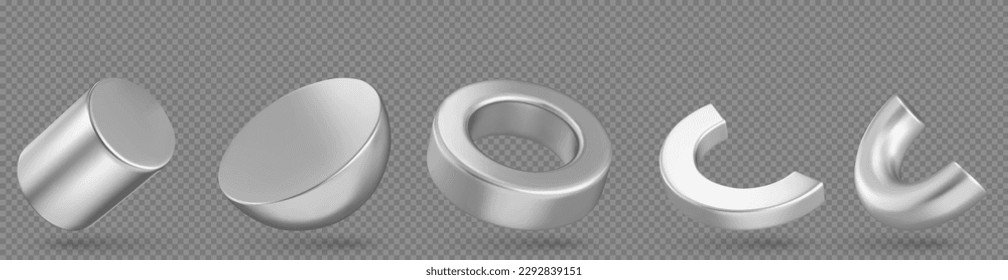 3d abstract different shapes objects. Metal figures, geometric forms of ring, cylinder, hemisphere, half of torus isolated on transparent background, vector realistic set. 3D Illustration