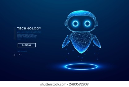 3D abstract digital AI robot floating above a light blue neon portal. Technology innovation background. Cute blue polygonal futuristic bot assistant. Tech bg. Low poly wireframe vector illustration.