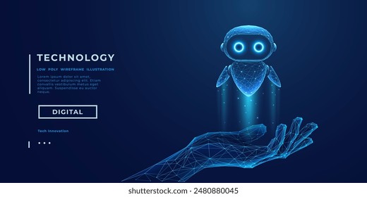 3D abstract digital AI robot floating above a human wireframe hand. Chatbot or AI bot assistant. Technology innovation concept. Tech dark blue background. Low poly vector illustration.