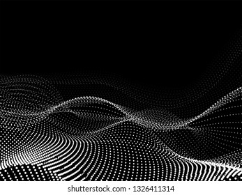 3D abstract digital wavy particles on black background.