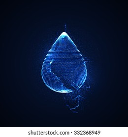 3D abstract droplet shape of particles array with splashes. Vector illustration. Science or technology concept