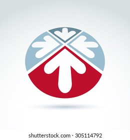 3d abstract emblem with four multidirectional arrows placed in sectors. Conceptual contemporary symbol, rounded icon.