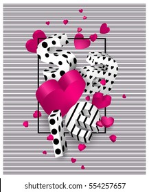 3d abstract festive background Sale. Text and hearts in the frame. Perfect for designs holiday, birthday, wedding, Valentine's Day. Composition in black, white and pink. Vector illustration