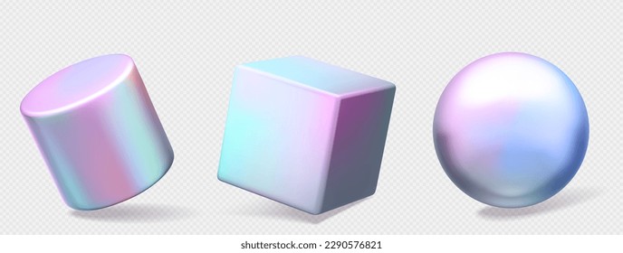 3d abstract figures of geometric shapes with gradient. Hologram objects, sphere, cube and cylinder with glossy iridescent texture, vector realistic set isolated on transparent background