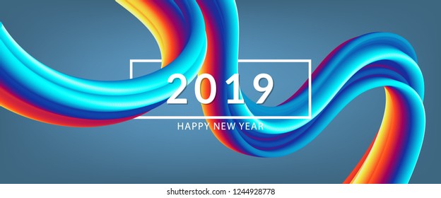 3d abstract flow fluid shapes. Liquid wave trendy modern style . Blue, yellow and red vibrant color banner background. Curve colorful 2019 happy new year concept vector graphic.	