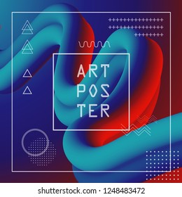 3d abstract flow fluid shapes. Liquid wave trendy modern style . Blue and red vibrant color background. Curve concept vector graphic.	