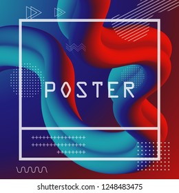 3d abstract flow fluid shapes. Liquid wave trendy modern style . Blue and red vibrant color background. Curve concept vector graphic.	
