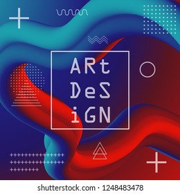 3d abstract flow fluid shapes. Liquid wave trendy modern style . Blue and red vibrant color background. Curve concept vector graphic.	