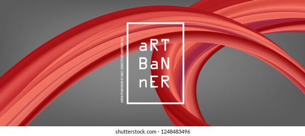 3D abstract flow fluid shapes. Liquid wave trendy modern style . Red wavy on gray color art background. Curve concept banner vector graphic.	