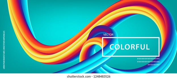 3d abstract flow fluid shapes. Liquid wave trendy modern style . Blue, yellow. green and red vibrant color art banner background. Curve concept vector graphic.	