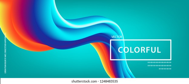 3d abstract flow fluid shapes. Liquid wave trendy modern style . Blue, yellow. green and red vibrant color art banner background. Curve concept vector graphic.	