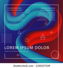 3d abstract flow fluid shapes. Liquid wave trendy modern style . Blue and red vibrant color background. Curve concept vector graphic.	