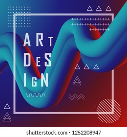 3d abstract flow fluid shapes. Liquid wave trendy modern style . Blue and red vibrant color background. Curve concept vector graphic.	