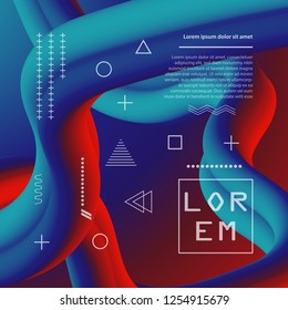 3d abstract flow fluid shapes. Liquid wave trendy modern style . Blue and red vibrant color background. Curve concept vector graphic.	