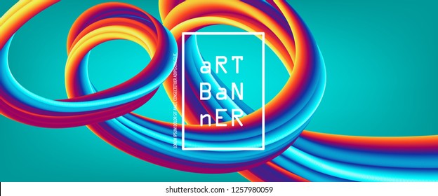 3d abstract flow fluid shapes. Liquid wave trendy modern style . Blue, yellow. green and red vibrant color art banner background. Curve concept vector graphic.	