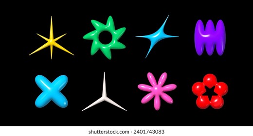 3D abstract fluid plastic shapes with gloss. Inflated puffy simple elements for Y2K or 90s design. Vector isolated icons set - star, flash, spike, flower, wave