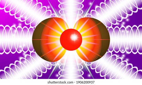 3d abstract futuristic bright poster. Two halves of a red kernel. White flashes, rays, circles and sparks. Pink and purple background. Clipping mask. EPS10