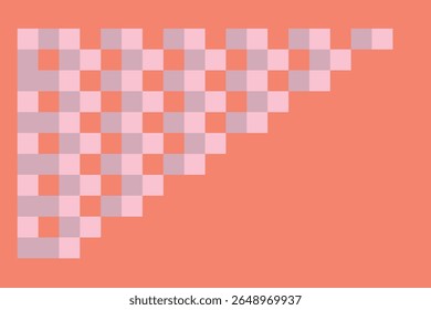 A 3D, abstract geometric artwork featuring a cascading checkered pattern of pink and brown squares arranged diagonally on a soft coral background,