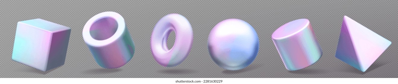 3d abstract geometric hologram shape render vector. Realistic isolated cube, sphere and donut holographic form set. Futuristic minimal glossy icon collection. Multicolor trendy torus and cylinder